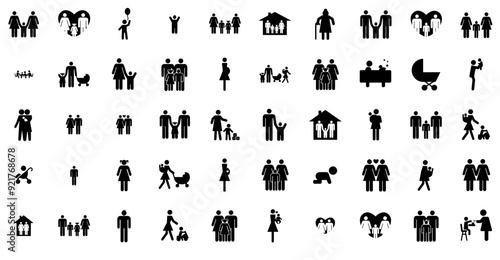 Mega Set Of Vector Family Isolated Silhouette Solid Icons With Dad,Family,Fathers,Mom,Son Solid Icon Collection. Vector Illustration