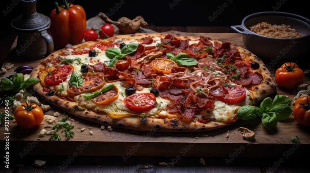Homemade pizza with a variety of toppings on a wooden board Homemade pizza with a variety of toppings on a wooden board