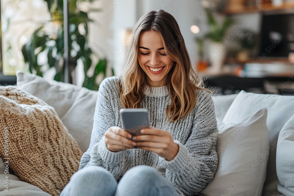 Relaxed Young Woman Laughing Joyfully Using Smartphone for Online Shopping or Watching Videos Relaxed Young Woman Laughing Joyfully Using Smartphone for Online Shopping or Watching Videos