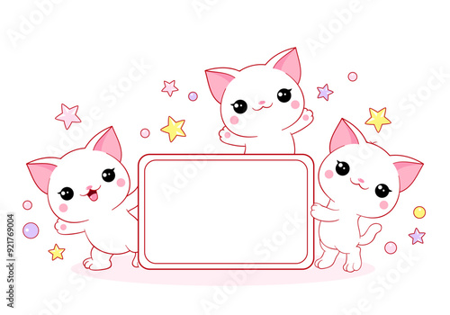 Cute card in kawaii style. Three lovely cat with message tablet. Copy space for text. Can be used for t-shirt print, stickers, greeting card design. Vector illustration EPS8