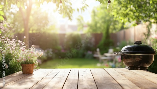 Outdoor cooking at sunset in a lush garden with flowers and a grill