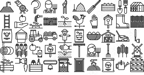 Set Of Farm Vector Symbols Apps, Websites Ui Designs Suitable For Farm,Gardener,Garden,Farmer,Sprout Stroke Icon Collection. Vector Illustration
