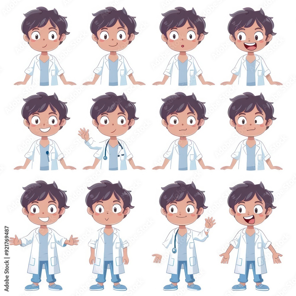 A series of cartoon-style expressions of a young boy in a lab coat. A series of cartoon-style expressions of a young boy in a lab coat.