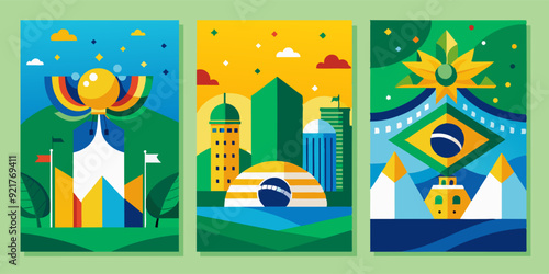 A collection of three vibrant illustrations depicting Brazil