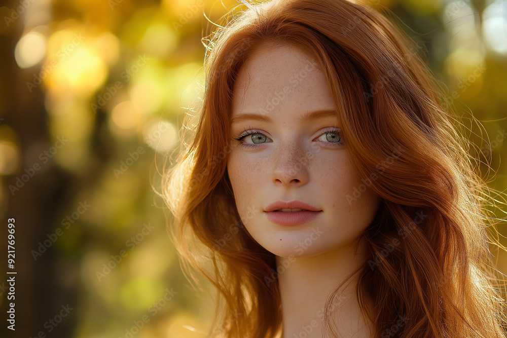 A young woman with flowing red hair is bathed in warm sunlight, set against a blurred autumnal background, capturing beauty and tranquility. A young woman with flowing red hair is bathed in warm sunlight, set against a blurred autumnal background, capturing beauty and tranquility.
