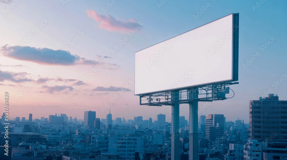 Fototapeta premium Blank billboard overlooking cityscape at sunset.