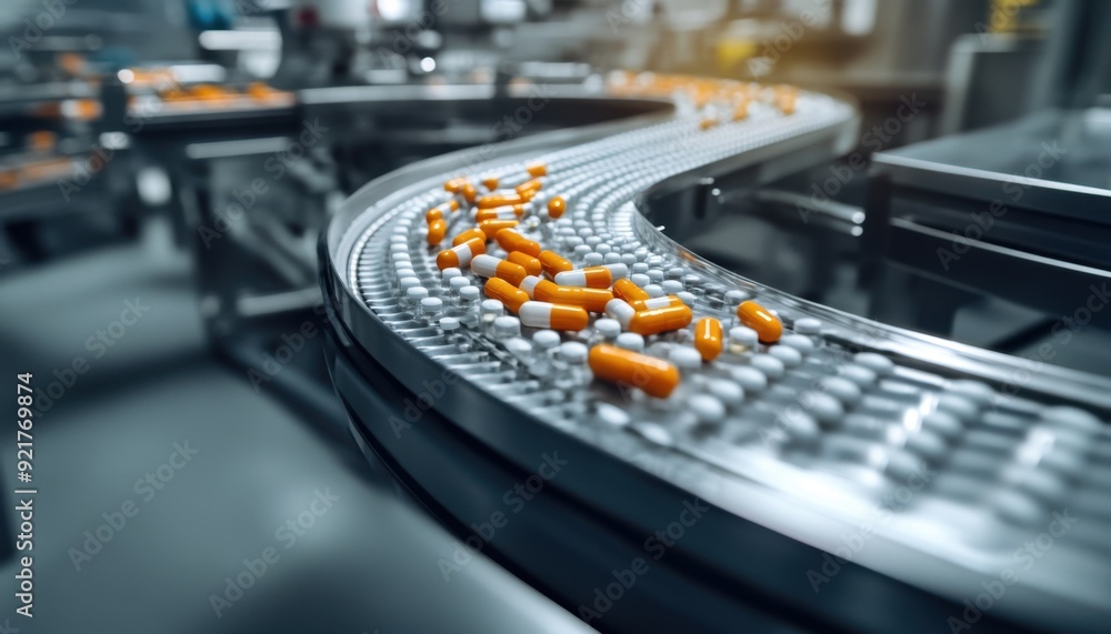 Capsules moving along a conveyor belt in a pharmaceutical manufacturing facility Capsules moving along a conveyor belt in a pharmaceutical manufacturing facility