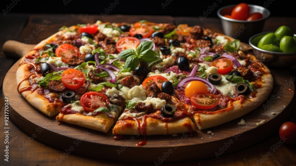 Homemade pizza with a variety of toppings on a wooden board Homemade pizza with a variety of toppings on a wooden board