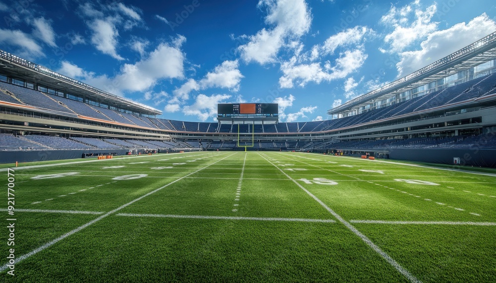 Bright afternoon at a large football stadium with pristine grass field Bright afternoon at a large football stadium with pristine grass field