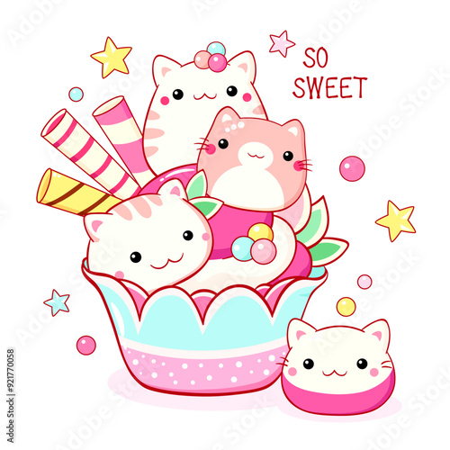 Cute cat-shaped dessert in kawaii style. Cake, muffin and cupcake with whipped cream and berry. Inscription So sweet. Can be used for t-shirt print, sticker, greeting card. Vector illustration EPS8