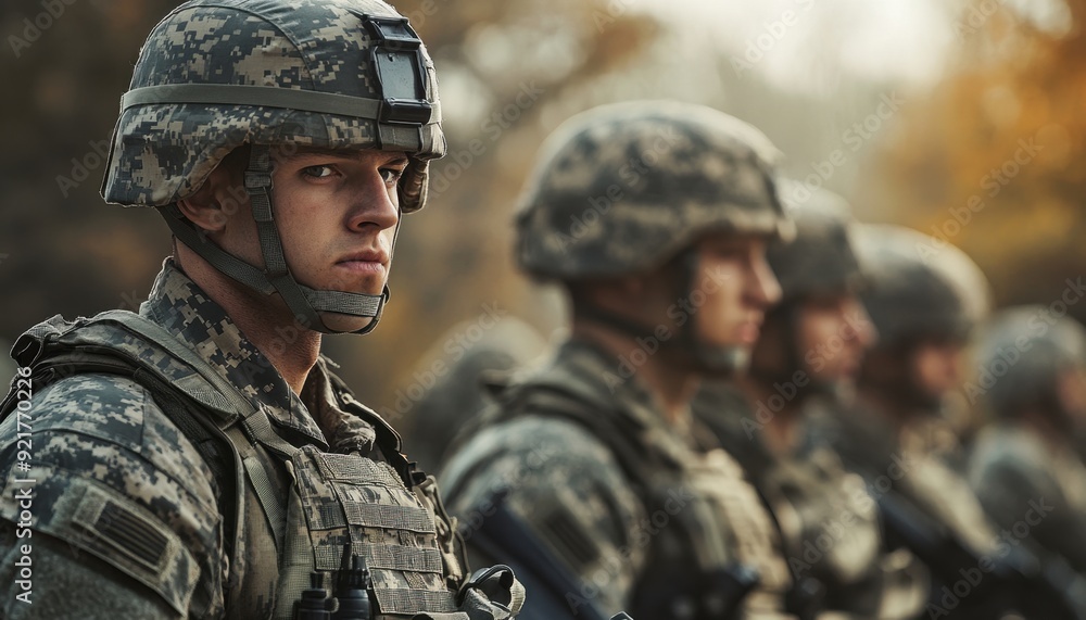 Soldier stands at attention during training exercise in outdoor setting at sunset Soldier stands at attention during training exercise in outdoor setting at sunset