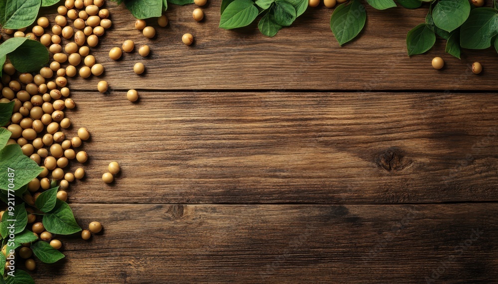 Soybean seeds scattered on wooden table with green leaves border Soybean seeds scattered on wooden table with green leaves border
