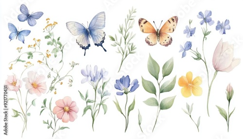Fototapeta Naklejka Na Ścianę i Meble -  Beautiful watercolor butterflies and flowers on a white background