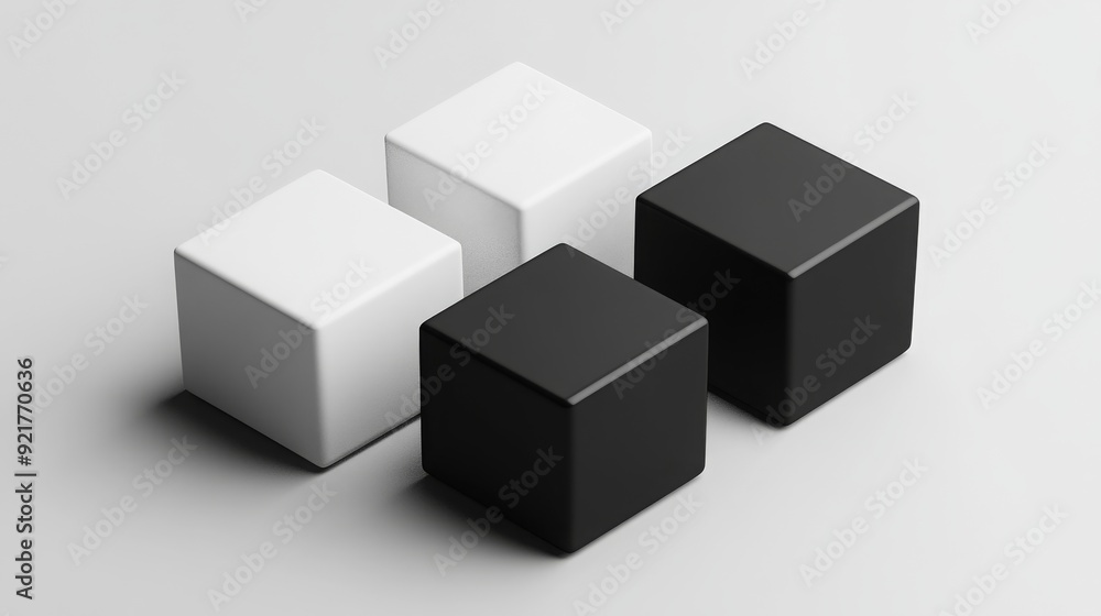 Four cubes, two white and two black, arranged on a white surface with a slight perspective. Four cubes, two white and two black, arranged on a white surface with a slight perspective.