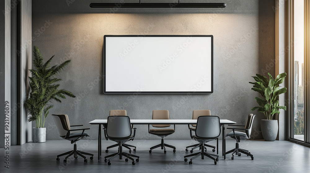 A conference room with a large blank screen on the wall, modern chairs, and plants, ready for a presentation or design mockup. A conference room with a large blank screen on the wall, modern chairs, and plants, ready for a presentation or design mockup.