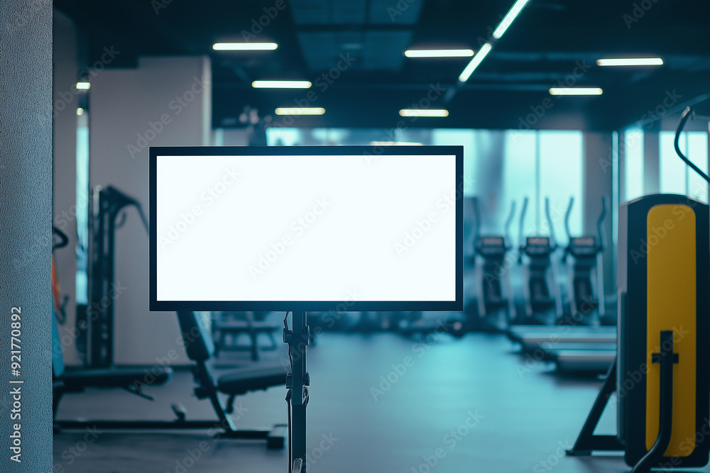 A gym setting featuring a blank screen on a stand with exercise equipment in the background, ideal for a fitness-related mockup. A gym setting featuring a blank screen on a stand with exercise equipment in the background, ideal for a fitness-related mockup.