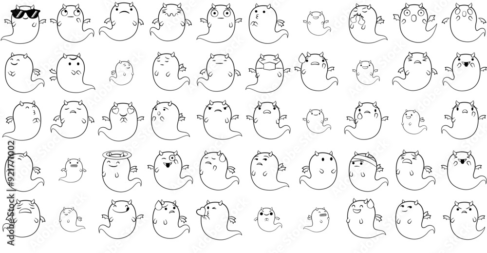 A Collection Of Fattie The Succubus In Ghost Disguide Vector Symbols Apps, Websites Ui Designs Suitable For Unhappy,Ghost,Happy,Sticker,Smile Vector Illustration Linear Pictogram Pack