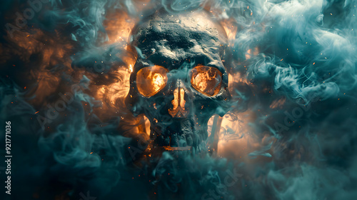 Mysterious skull enveloped in smoke with vibrant orange embers