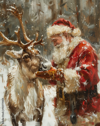 a oil painted christmas card with santa and a reindeer 