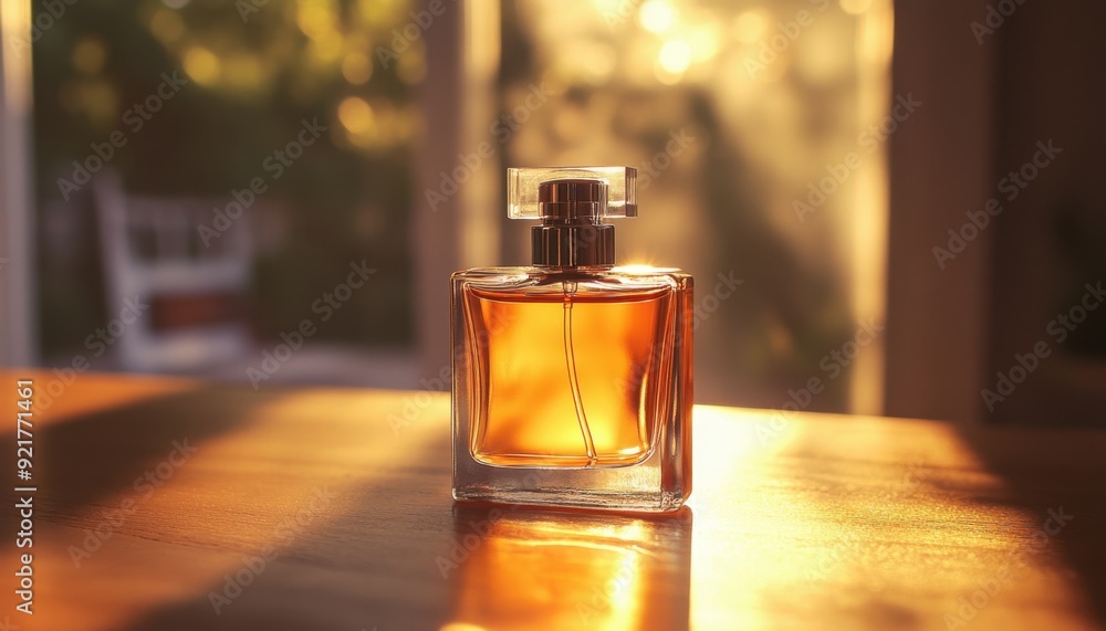 Elegant perfume bottle illuminated by soft sunlight on a wooden surface Elegant perfume bottle illuminated by soft sunlight on a wooden surface