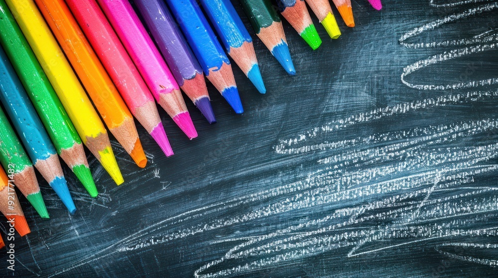 Colorful Pencils Arranged on a Black Chalkboard Colorful Pencils Arranged on a Black Chalkboard