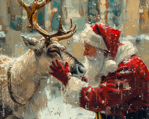 a oil painted christmas card with santa and a reindeer 