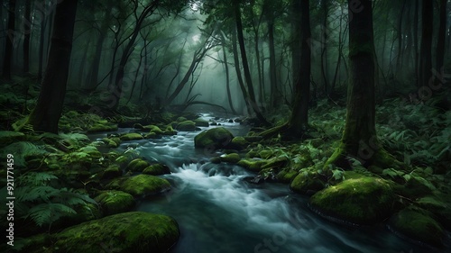 River passing through green forest in darkness, water floating in dark forest landscape view