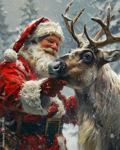 a oil painted christmas card with santa and a reindeer 