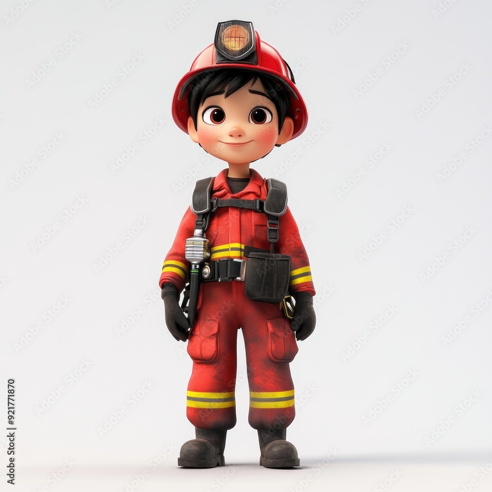 A cheerful cartoon firefighter in a red uniform with a helmet, ready for action. A cheerful cartoon firefighter in a red uniform with a helmet, ready for action.