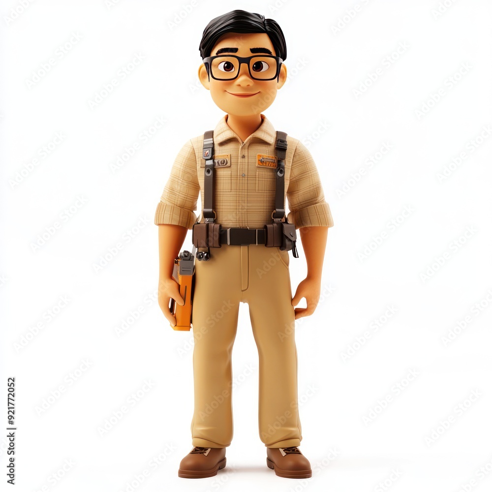 A stylized cartoon character wearing glasses and a work outfit, holding a tool. A stylized cartoon character wearing glasses and a work outfit, holding a tool.