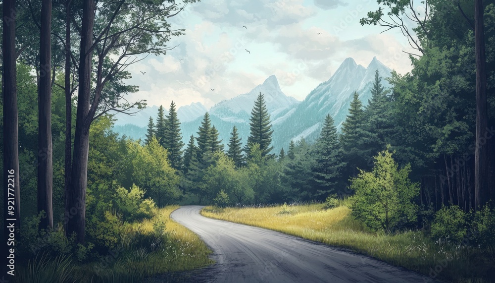 Scenic winding road through lush forest and mountains under a bright sky in summer Scenic winding road through lush forest and mountains under a bright sky in summer