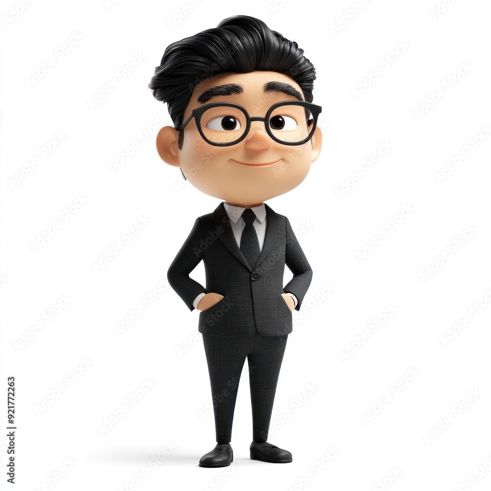 A cartoon character in a suit, smiling confidently with glasses. A cartoon character in a suit, smiling confidently with glasses.
