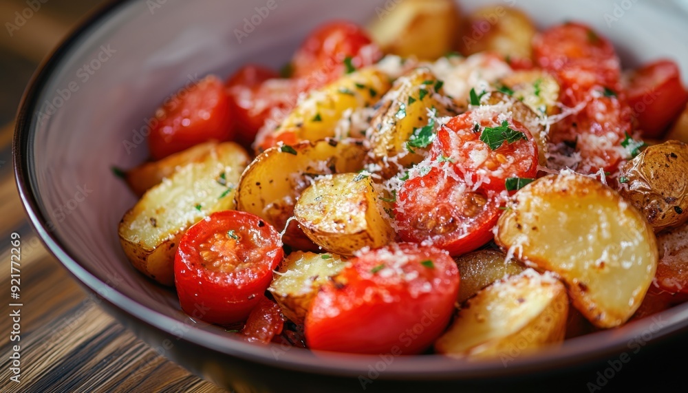 Roasted tomatoes and potatoes topped with cheese in a bowl on a wooden table Roasted tomatoes and potatoes topped with cheese in a bowl on a wooden table