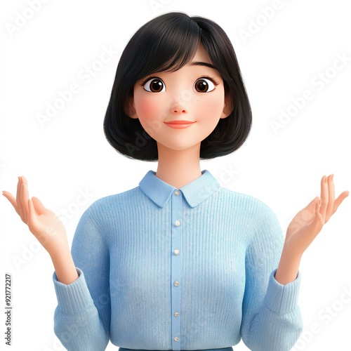 A cheerful animated character with short black hair, wearing a light blue sweater, gesturing.