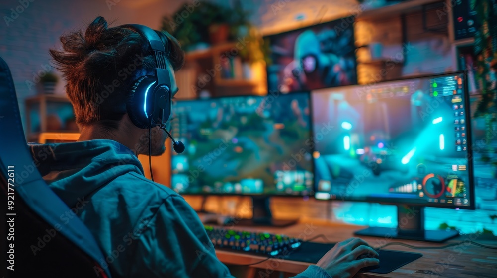 A man in his late twenties sitting at a gaming chair, wearing a black headset with blue lighting and headphones A man in his late twenties sitting at a gaming chair, wearing a black headset with blue lighting and headphones