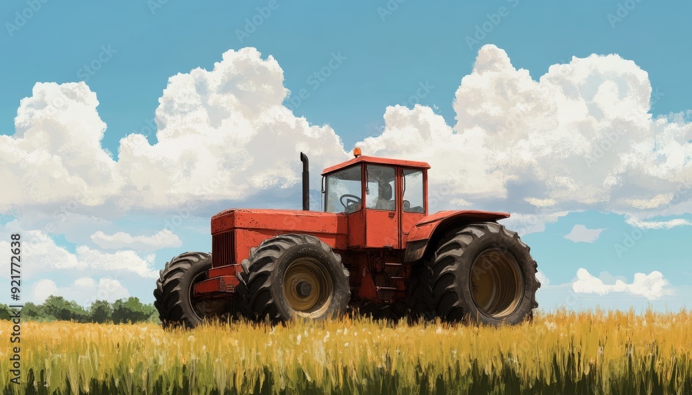 Red tractor working in a golden wheat field under a bright sky with fluffy clouds Red tractor working in a golden wheat field under a bright sky with fluffy clouds