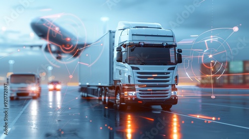 Artistic freight logistics sketch with various transport methods, copy space, deep depth of field, cover all objects.