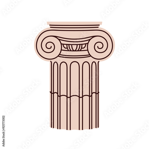 Column capital, antique Greek architecture. Classic Ionic order design, ancient Greece building element with ornate decor, Historic marbel pillar. Flat vector illustration isolated on white background
