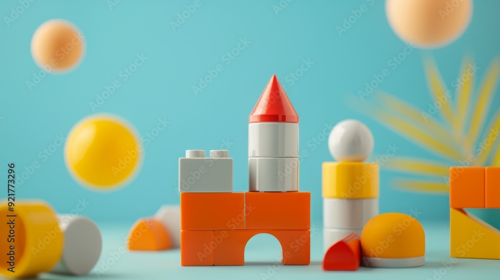 Fototapeta premium Educational building blocks and toys showcasing learning and development, with copy space and deep focus on multiple objects.