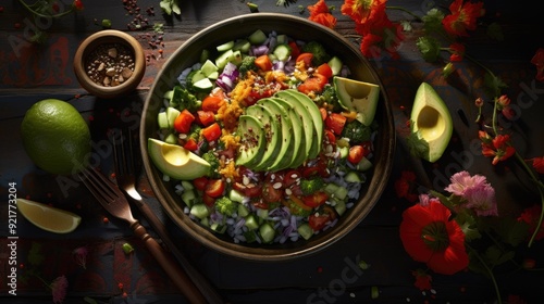 Overhead shot of a vibrant poke bowl on a bamboo mat