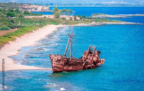 Fototapeta Naklejka Na Ścianę i Meble -  Dimitrios, a Greek shipwreck famous due to its picturesque location on an easily accessible sandy beach near Gythio, Peloponnese, Greece.