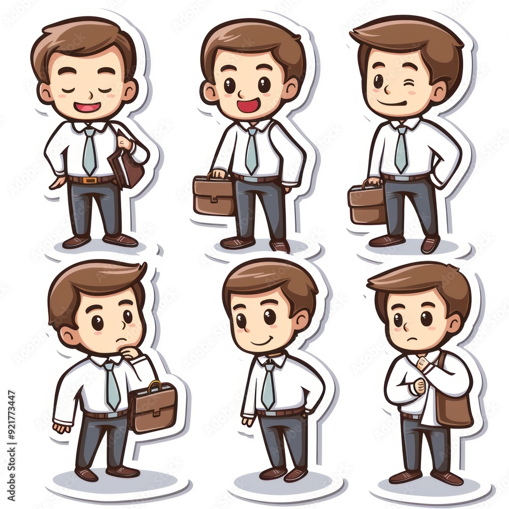 A collection of cartoon businessman illustrations showing various expressions and poses. A collection of cartoon businessman illustrations showing various expressions and poses.