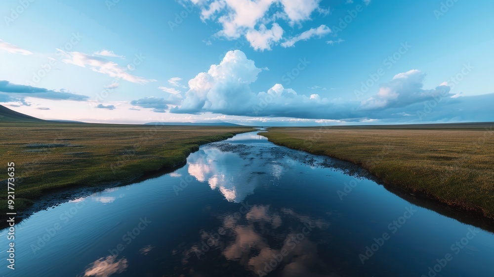 Fototapeta premium Tranquil stream reflecting soft clouds in sky, serene scene with copy space, cover all objects, deep depth of field.