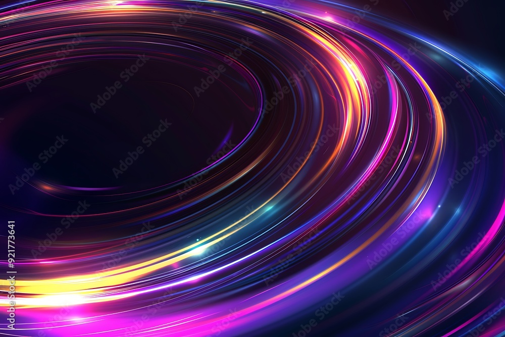 A neon light effect background with purple, blue and yellow colors on the edges of an abstract circular shape, A neon light effect background with purple, blue and yellow colors on the edges of an abstract circular shape,
