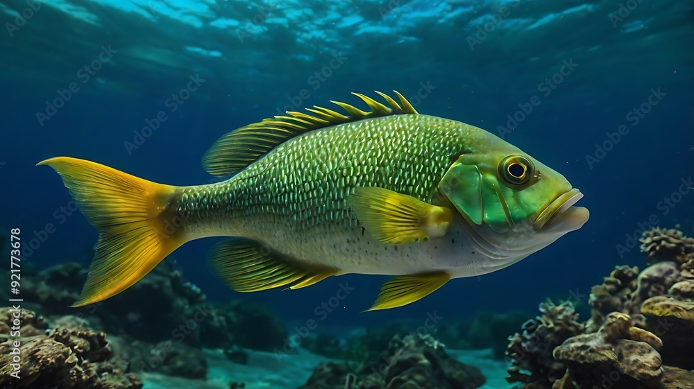 Green fish underwater aqua view, deep blue ocean coral Green fish underwater aqua view, deep blue ocean coral