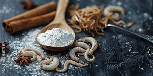 Grey Granite Table with Edible Mealworms and Flour in Wooden Spoons. Protein Ingredients for Food Products