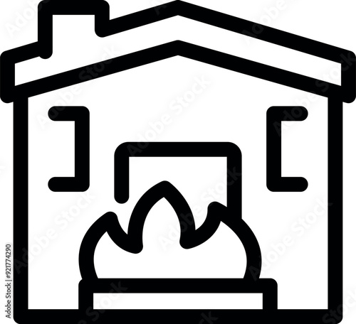 Simple black and white icon of a house on fire with large flames coming out of the windows