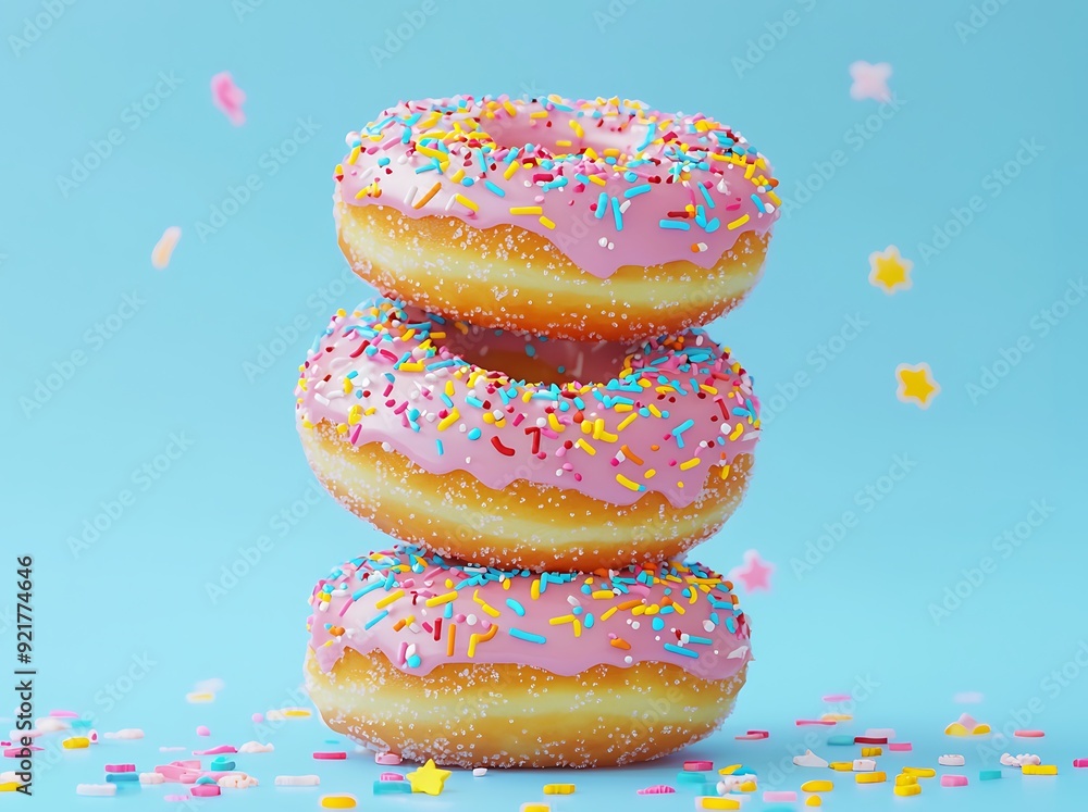 Stack of three pink frosted donuts with colorful sprinkles against a blue background. Stack of three pink frosted donuts with colorful sprinkles against a blue background.