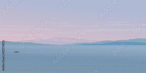 Minimalist seascape with fishing boat followed by seagulls have mountain and twilight sky background graphic illustration have blank space.