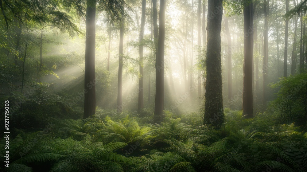Fototapeta premium Sunbeams Through a Misty Forest